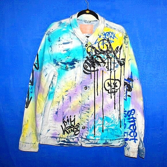 Smoke Rise Graffiti Paint Splatter Denim Jacket L - Picture 1 of 14